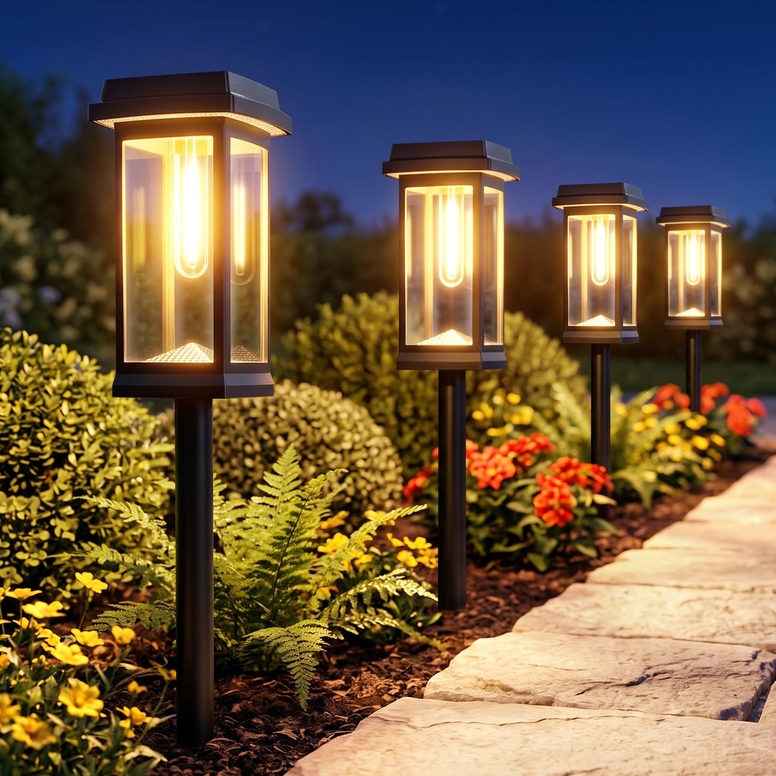 RECHOO Solarleuchten 4er Set – Warmweiss Gartenbeleuchtung mit Metall-Erdspies & 2 Modi