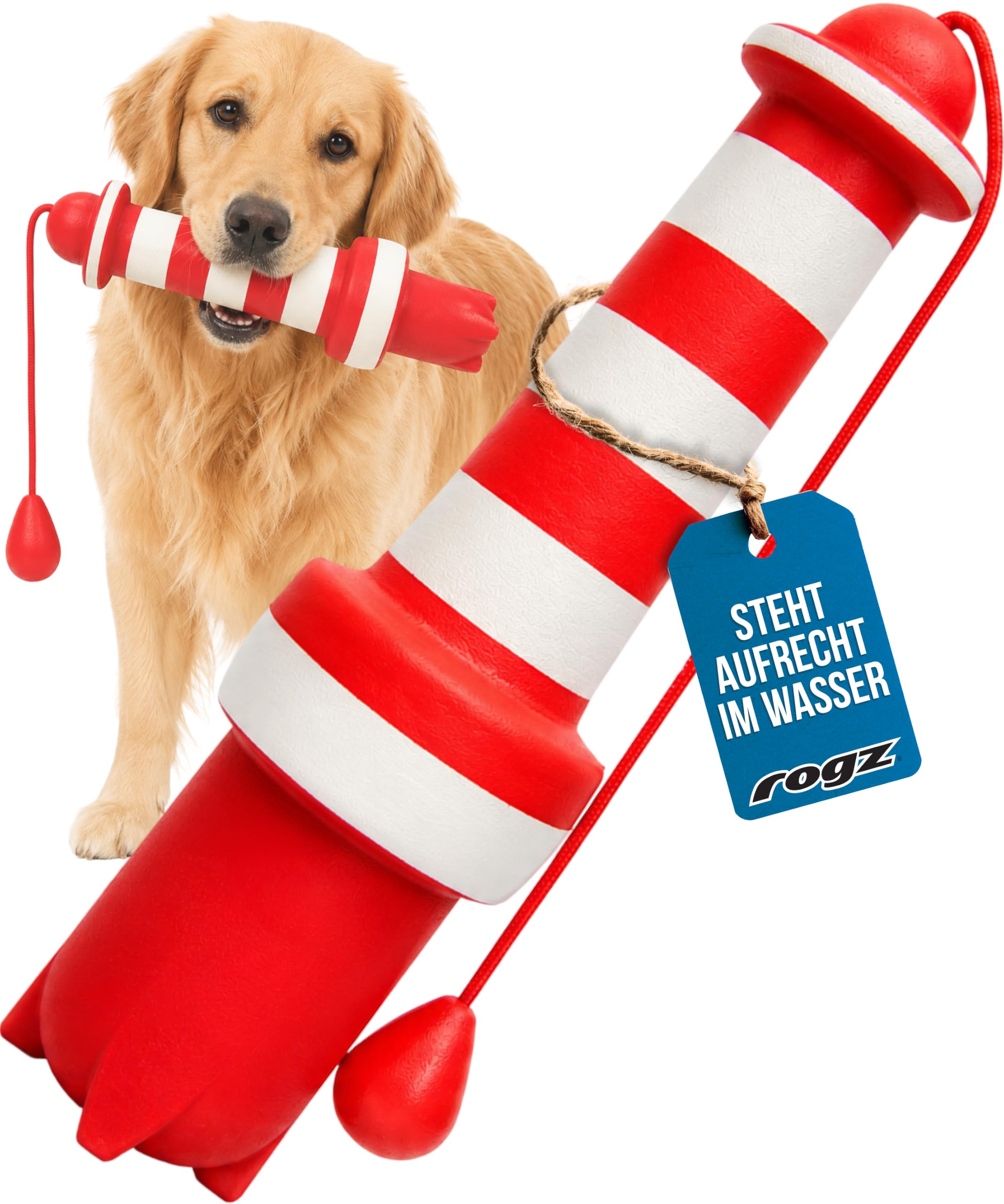 Rogz Lighthouse Wasserspielzeug für Hunde – Schwimmspielzeug mit Schnur & Apportiergriff