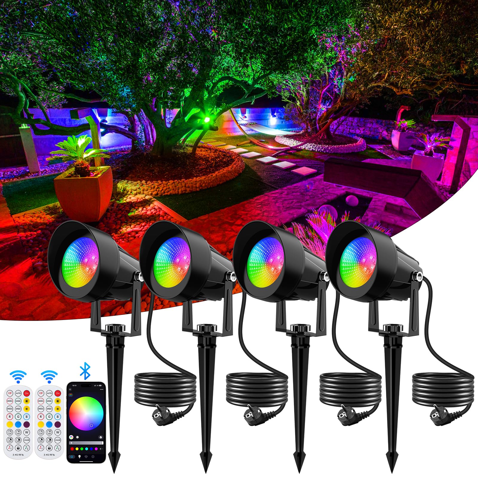 NATPOW RGB LED Gartenbeleuchtung 4er Set – Smart Gartenstrahler mit App & Fernbedienung