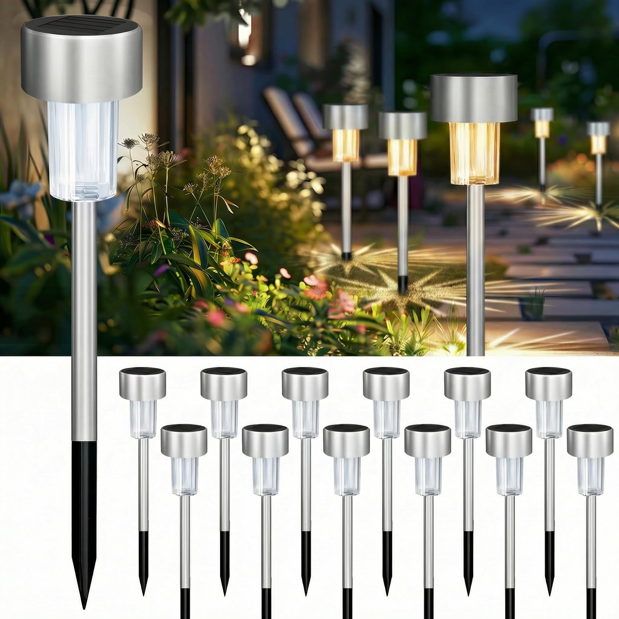 Jsdoin 12er Set Solarleuchten Garten – Edelstahl Wegbeleuchtung Kaltweiß Wasserdicht