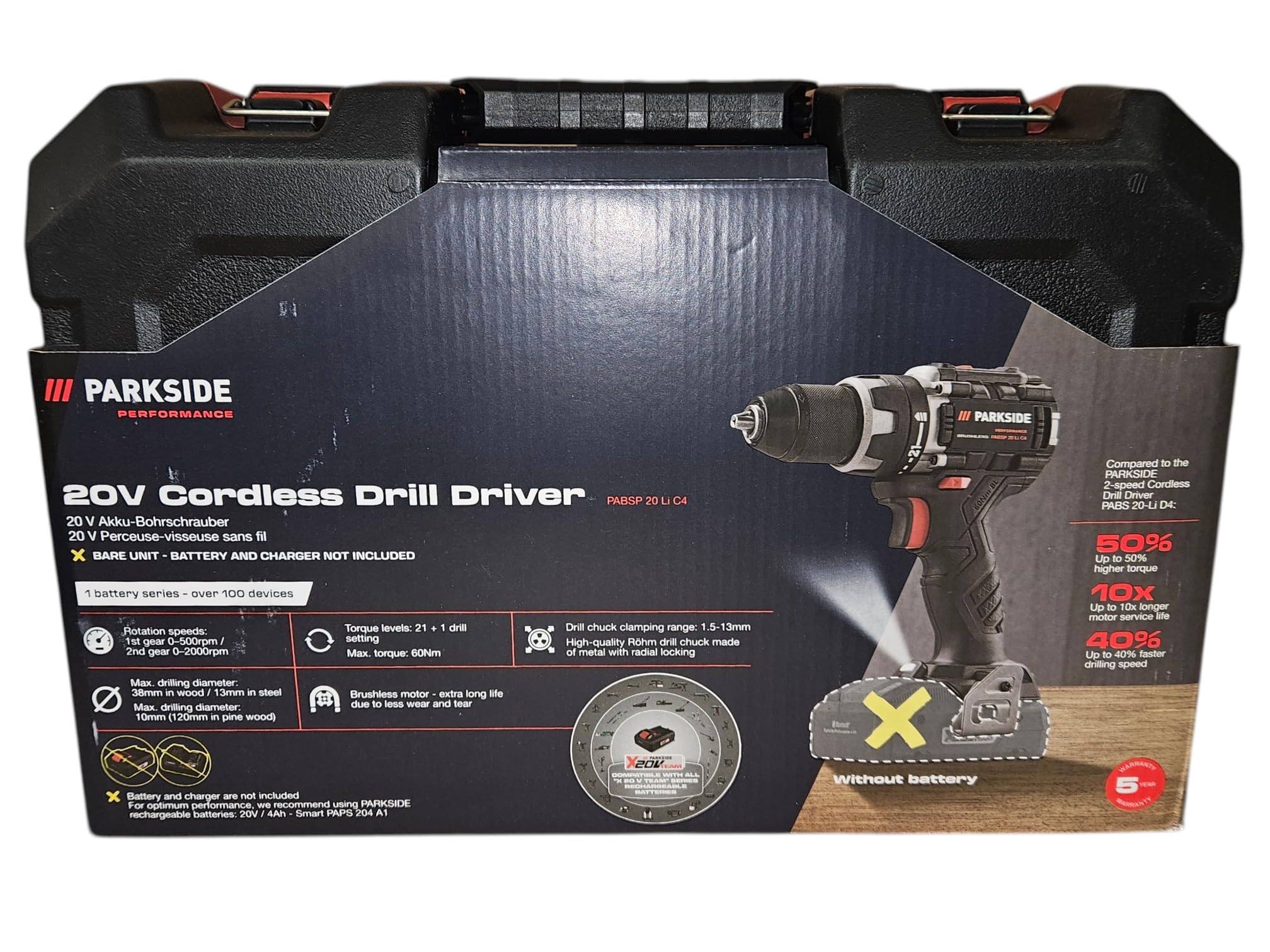 Parkside PABSP 20 Li C3 Akkubohrschrauber 20V mit Brushless Motor – Komplett-Set mit Akku & Koffer