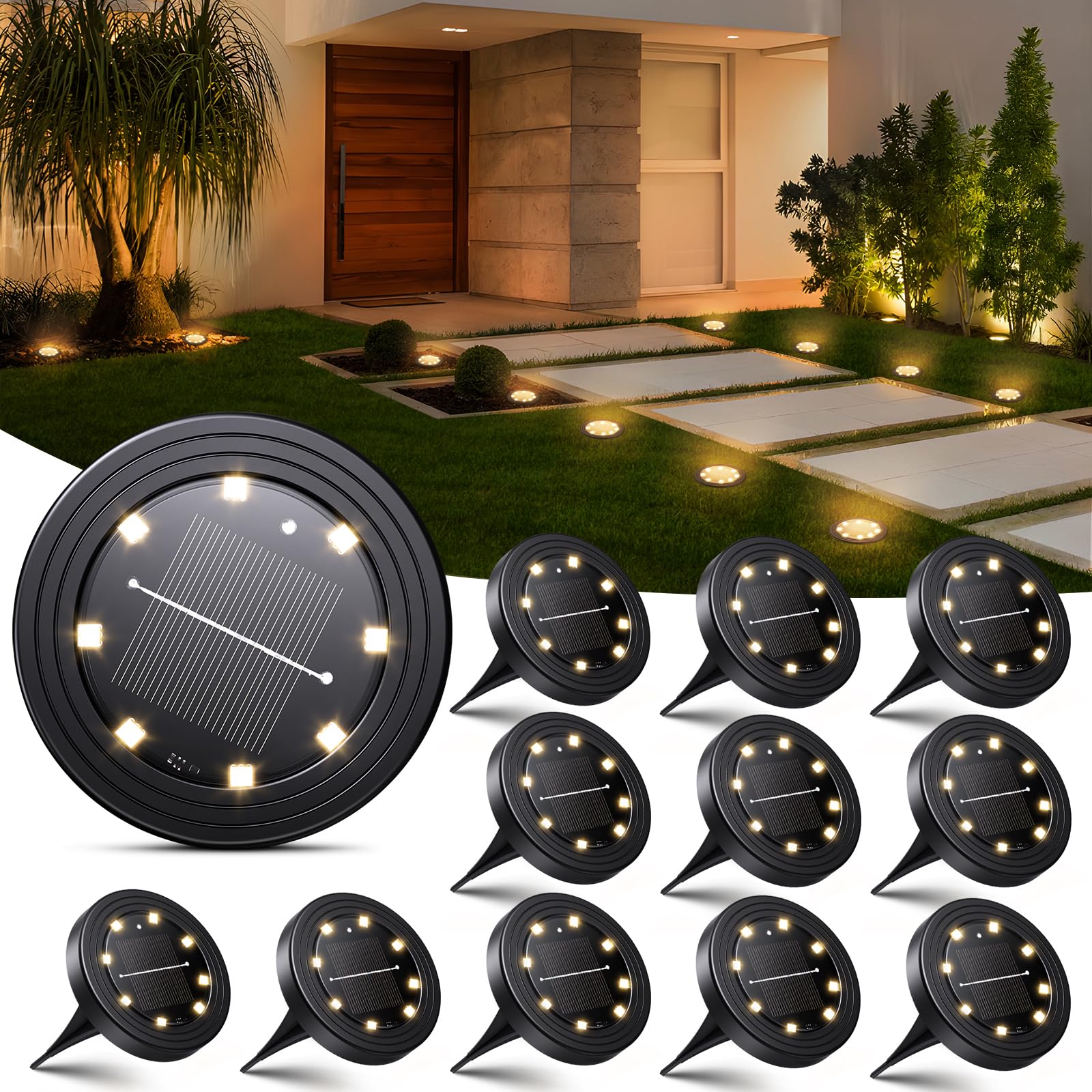 NIBSHOOM 12er Set Solar Bodenleuchten – IP68 Gartenbeleuchtung mit 8 LED & Warmweiss