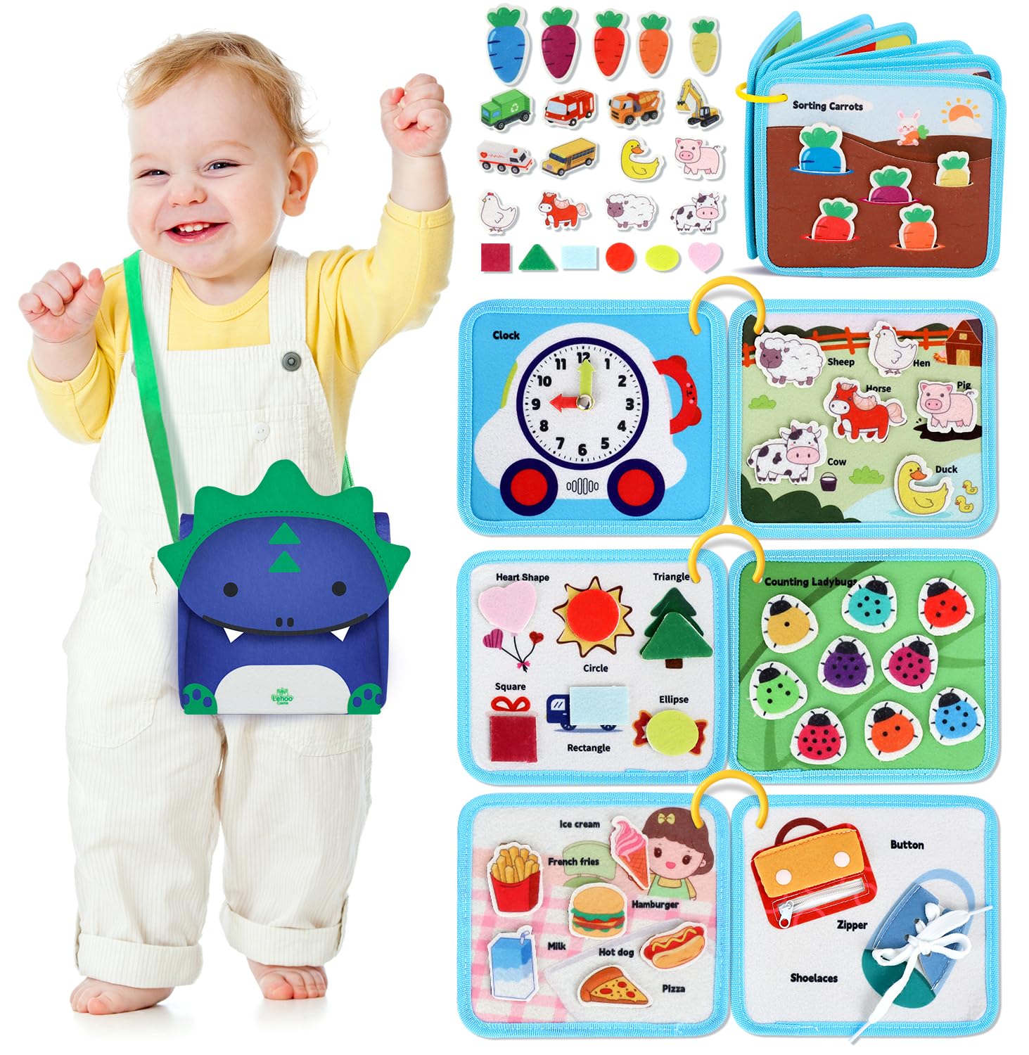Lehoo Castle Busy Board Montessori – 12in1 Motorikspielzeug mit Umhängetasche für Kleinkinder ab 1 Jahr