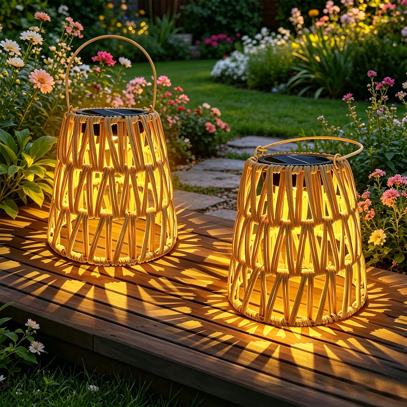 2er Set Bseical Solarlaterne Handgeflochten – IP65 Wasserdicht für Garten & Balkon