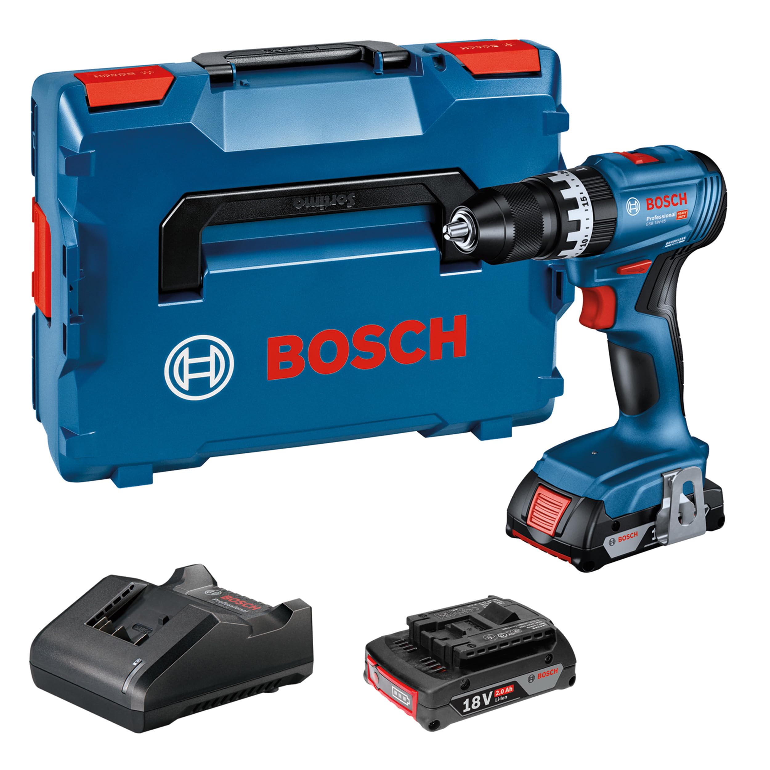 Bosch Professional GSB 18V-45 Akku-Schlagbohrschrauber – 45 Nm mit 2x2.0Ah & Ladegerät