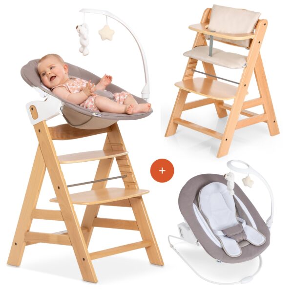 hauck Alpha+ Hochstuhl Newborn Set mit Deluxe Bouncer – 4in1 Mitwachsender Holzhochstuhl ab Geburt bis 90 kg