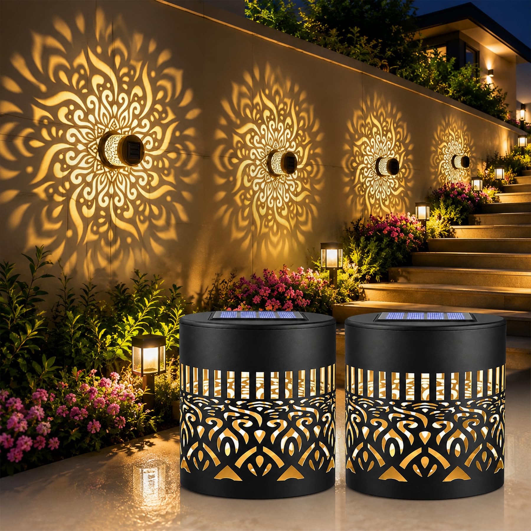 Taechalingo 2er-Set Mandala Solar Wandleuchten – Wasserdichte LED Gartenlampen für Aussen