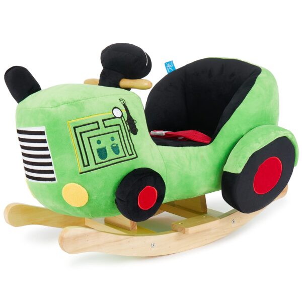 Bieco Plüsch Schaukeltier Traktor 60 cm – Holz Schaukelwippe mit Sicherheitsgurt ab 9 Monate
