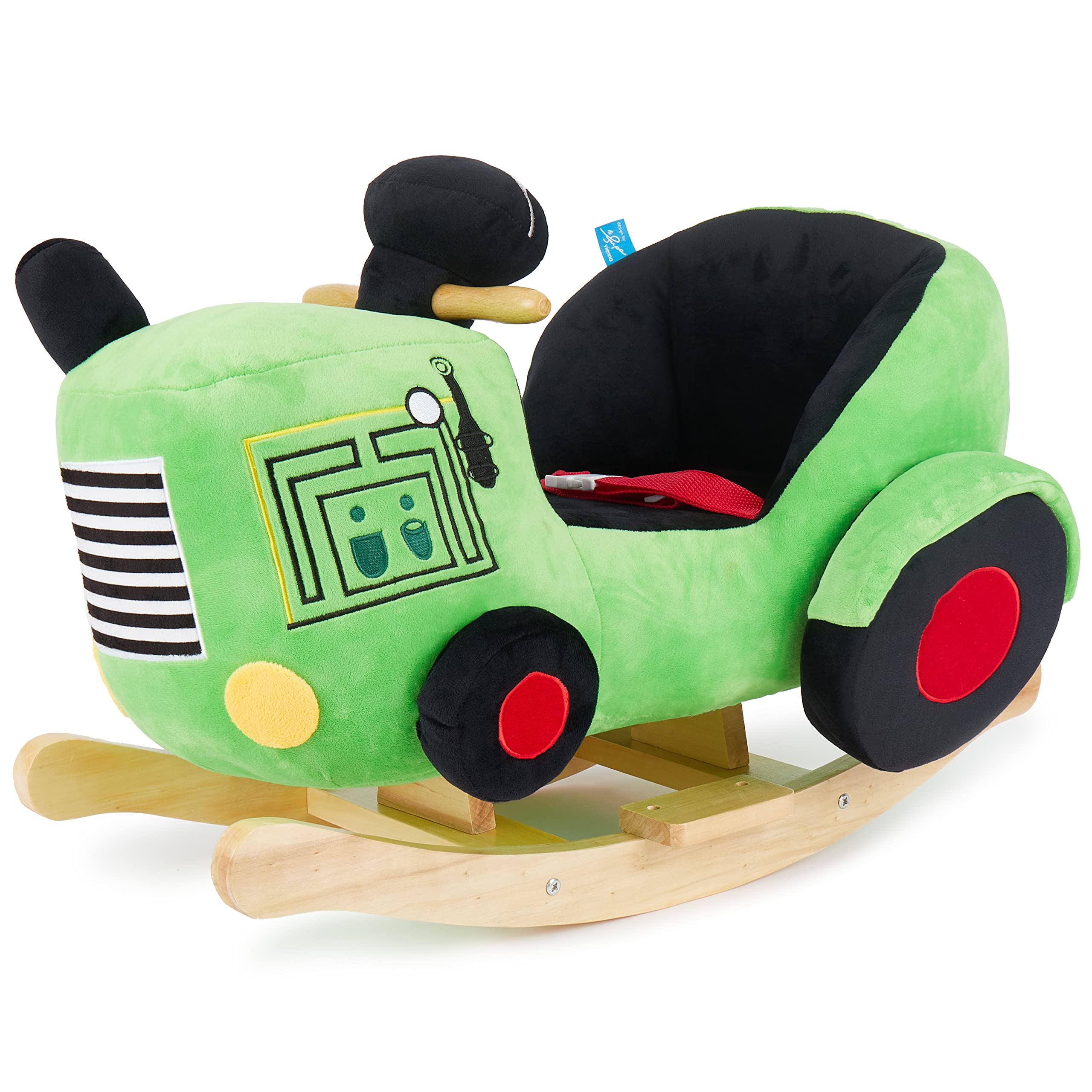 Bieco Plüsch Schaukeltier Traktor 60 cm – Holz Schaukelwippe mit Sicherheitsgurt ab 9 Monate