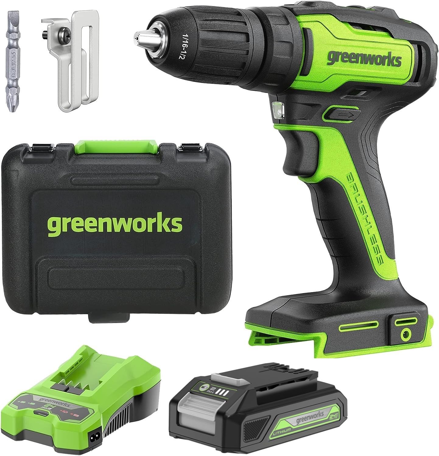 Greenworks 35 Nm Akkubohrer-Set – 24 V Lithium mit 2 Ah Akku & Koffer