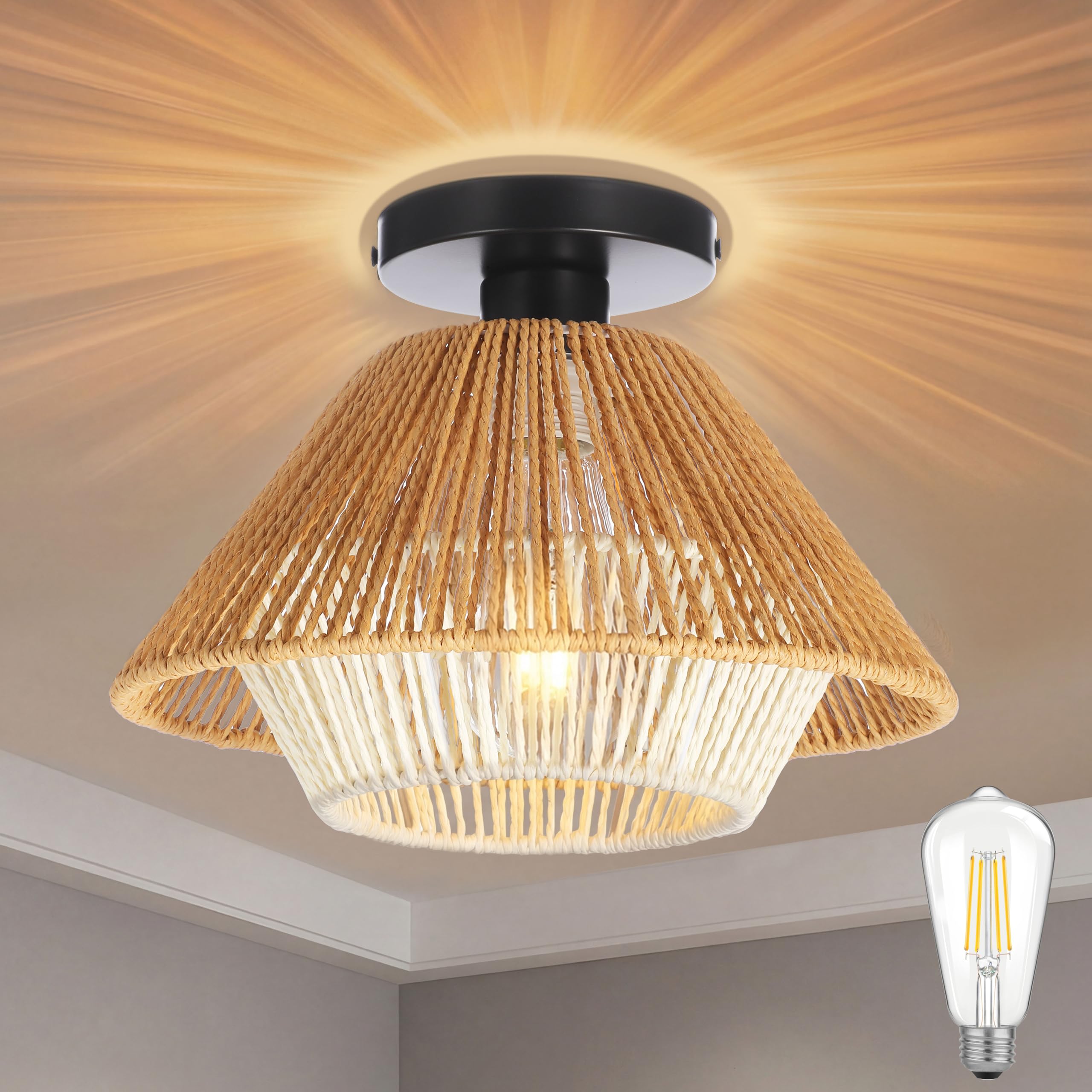 AmazeFun Ø30cm Boho Rattan Deckenlampe – Handgefertigte Vintage Deckenleuchte mit E27 Fassung