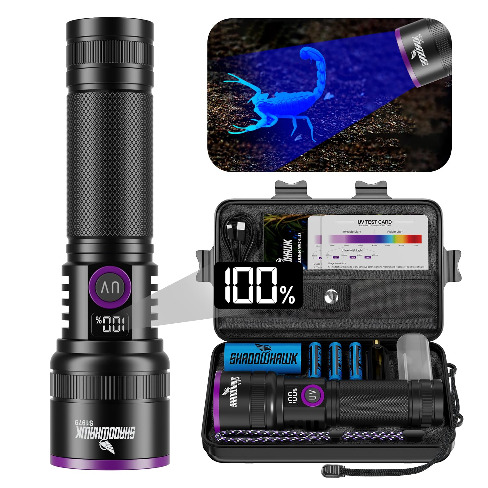 Shadowhawk 365nm UV Taschenlampe 30W – Professionelle Schwarzlichtlampe mit LCD-Display