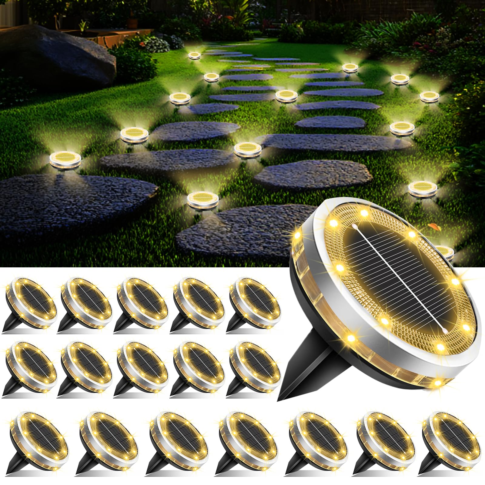 Bzavor 18er Set IP65 Solar Bodenleuchten – 12 LED-Perlen für helle Gartenbeleuchtung
