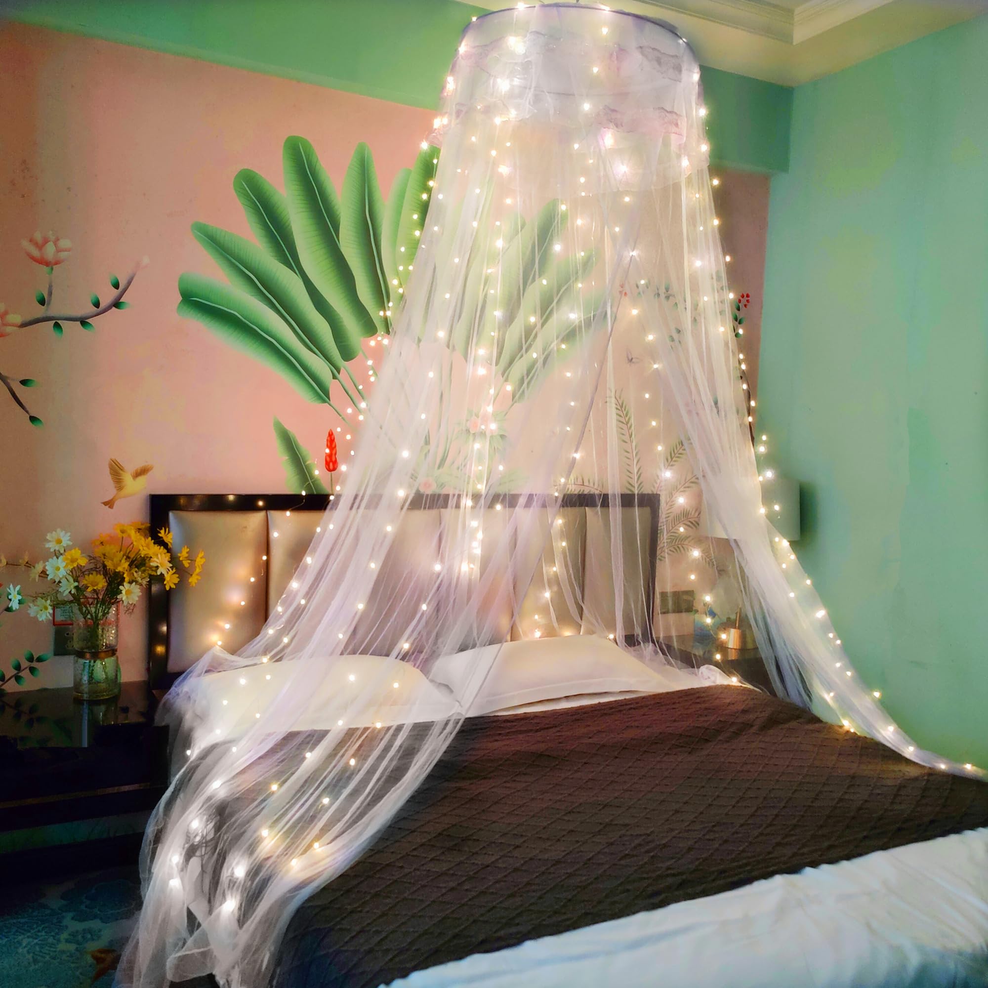 Eimilaly Spitzen-Betthimmel mit LED-Lichtern – Prinzessin Baldachin für Mädchenzimmer