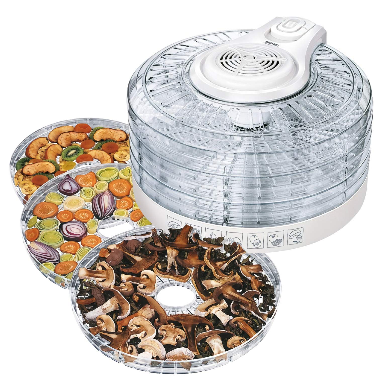 MPM MSG-02 Dörrautomat mit 5 Tabletts Ø 33 cm – 400W Obsttrockner für Gemüse, Kräuter & Pilze