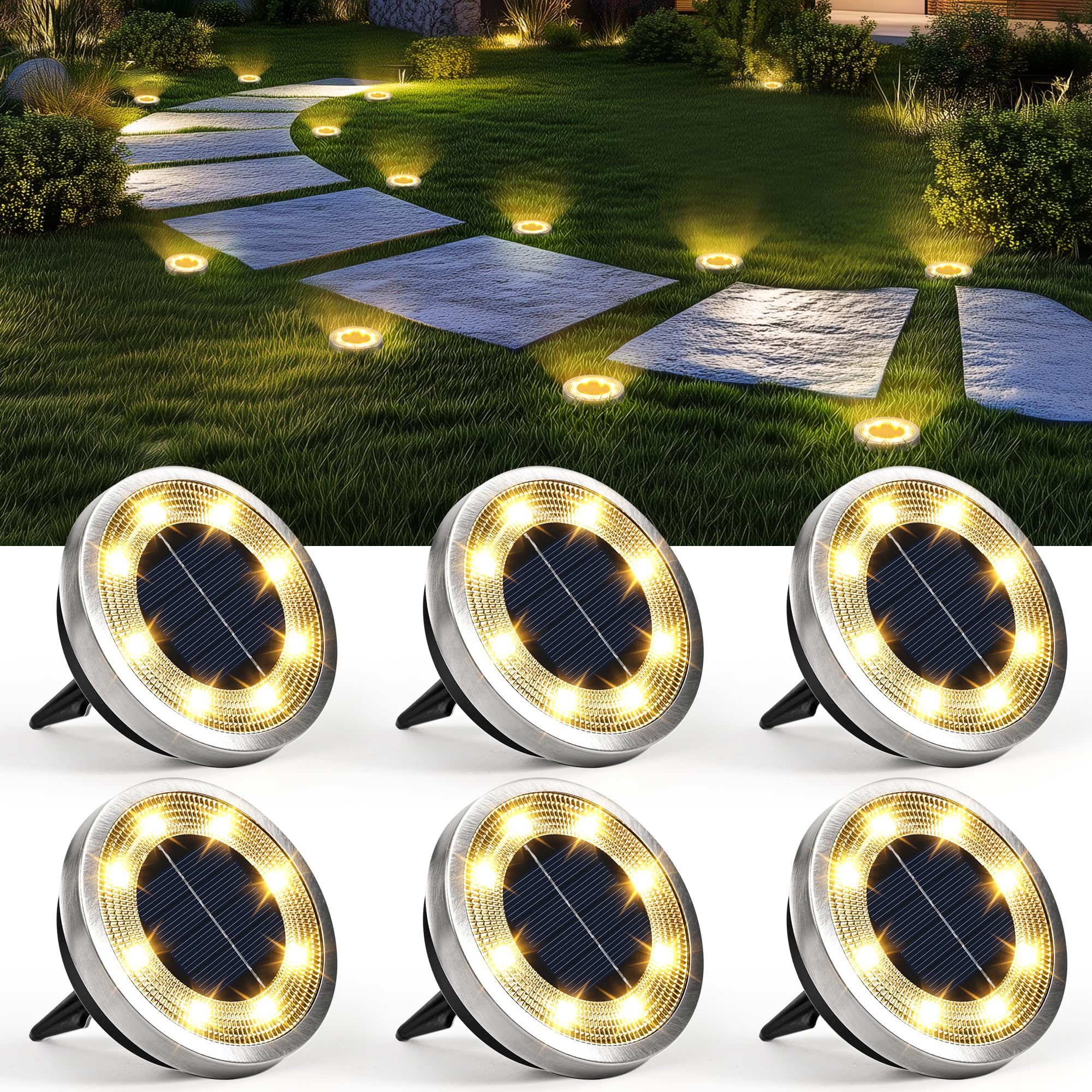 Solpex 6er Set Solar Bodenleuchten mit 8 LEDs – Warmweisse Gartenbeleuchtung IP65 wasserdicht
