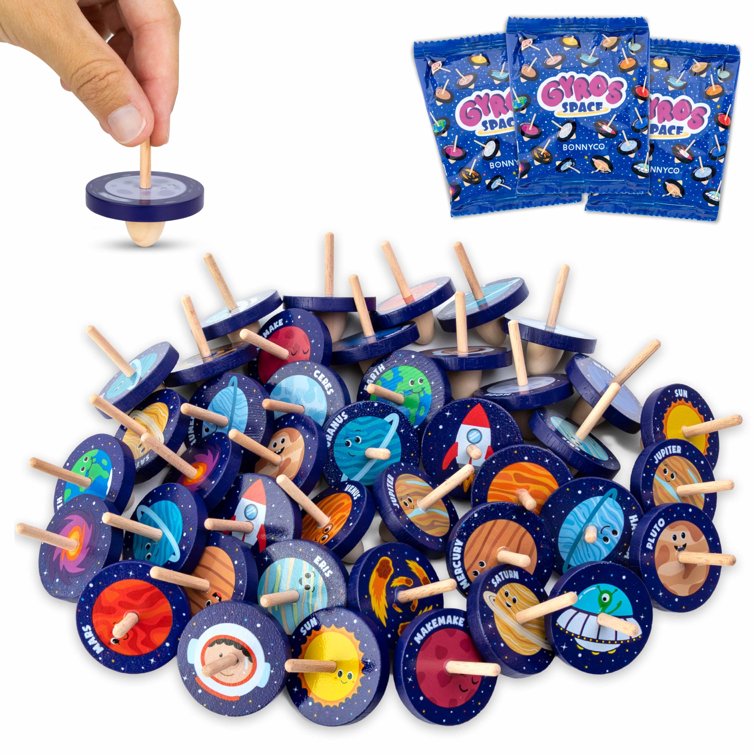 BONNYCO 40er Pack Holzkreisel mit Weltraum-Design – Mitgebsel Kindergeburtstag