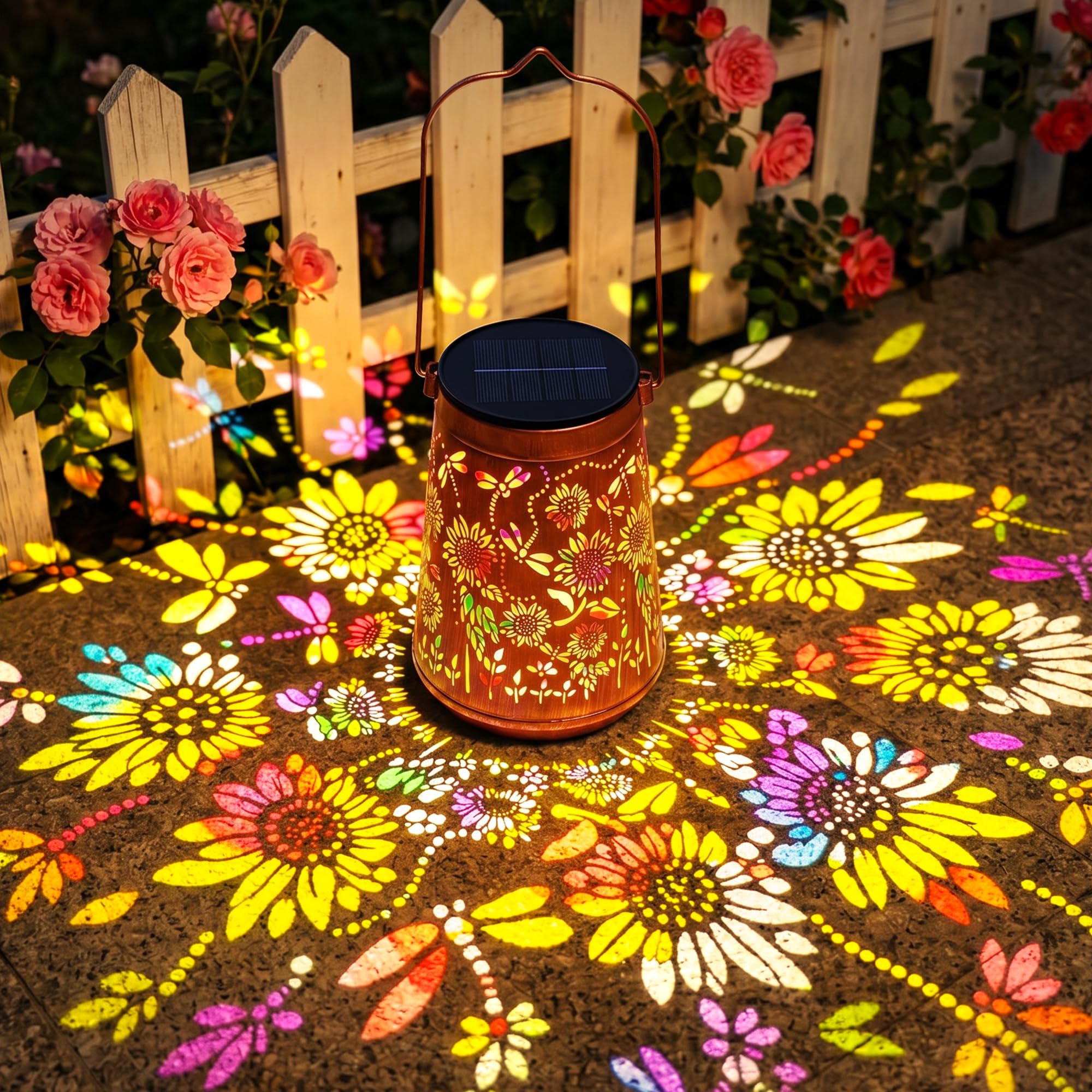BUCASA Solarlaterne Sonnenblume & Libelle – Hängend & Stehend für Garten & Terrasse