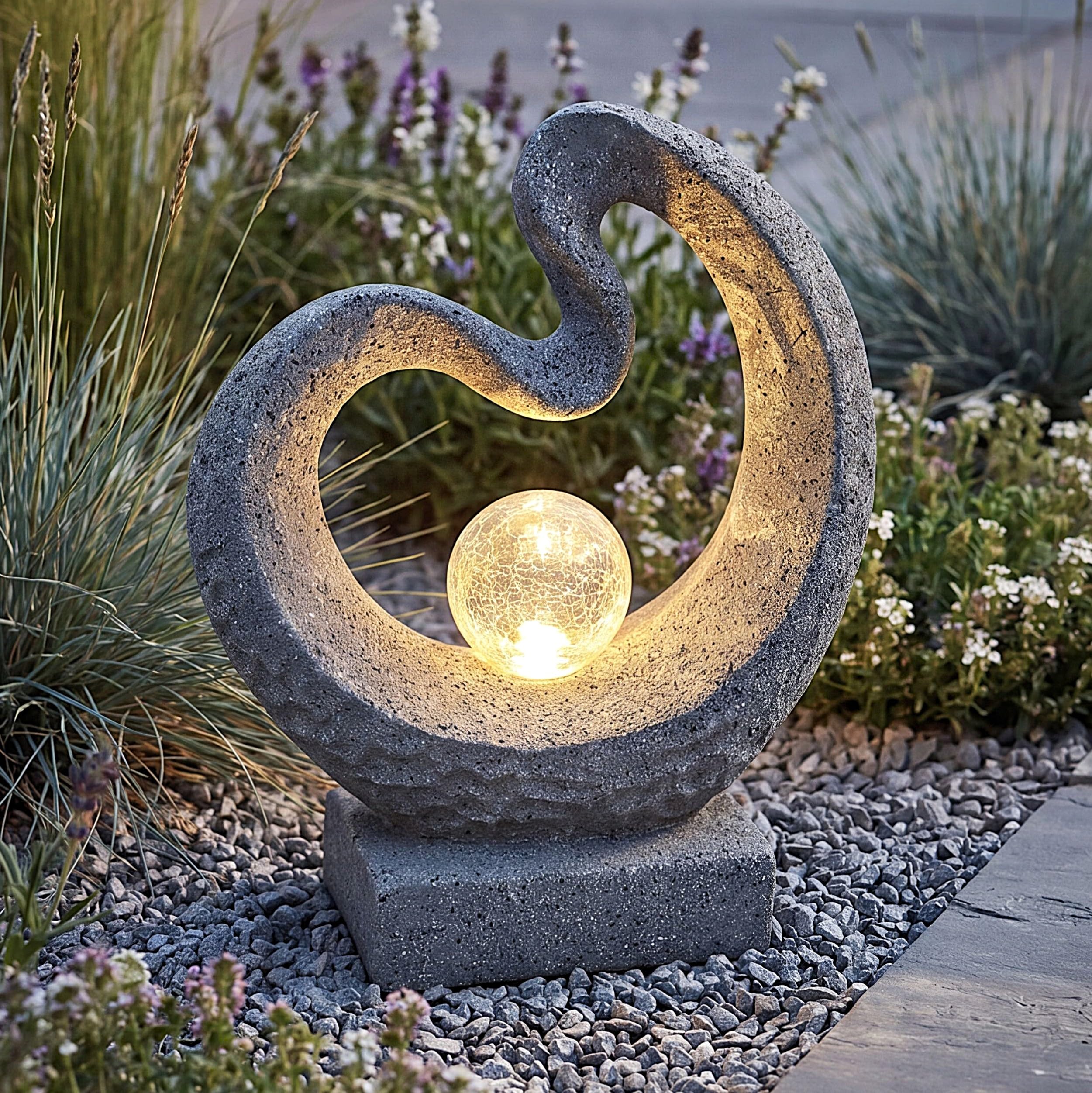 Arnusa Solarleuchte Skulptur Granit-Optik 39 cm – Moderne Gartenbeleuchtung mit Glaskugel