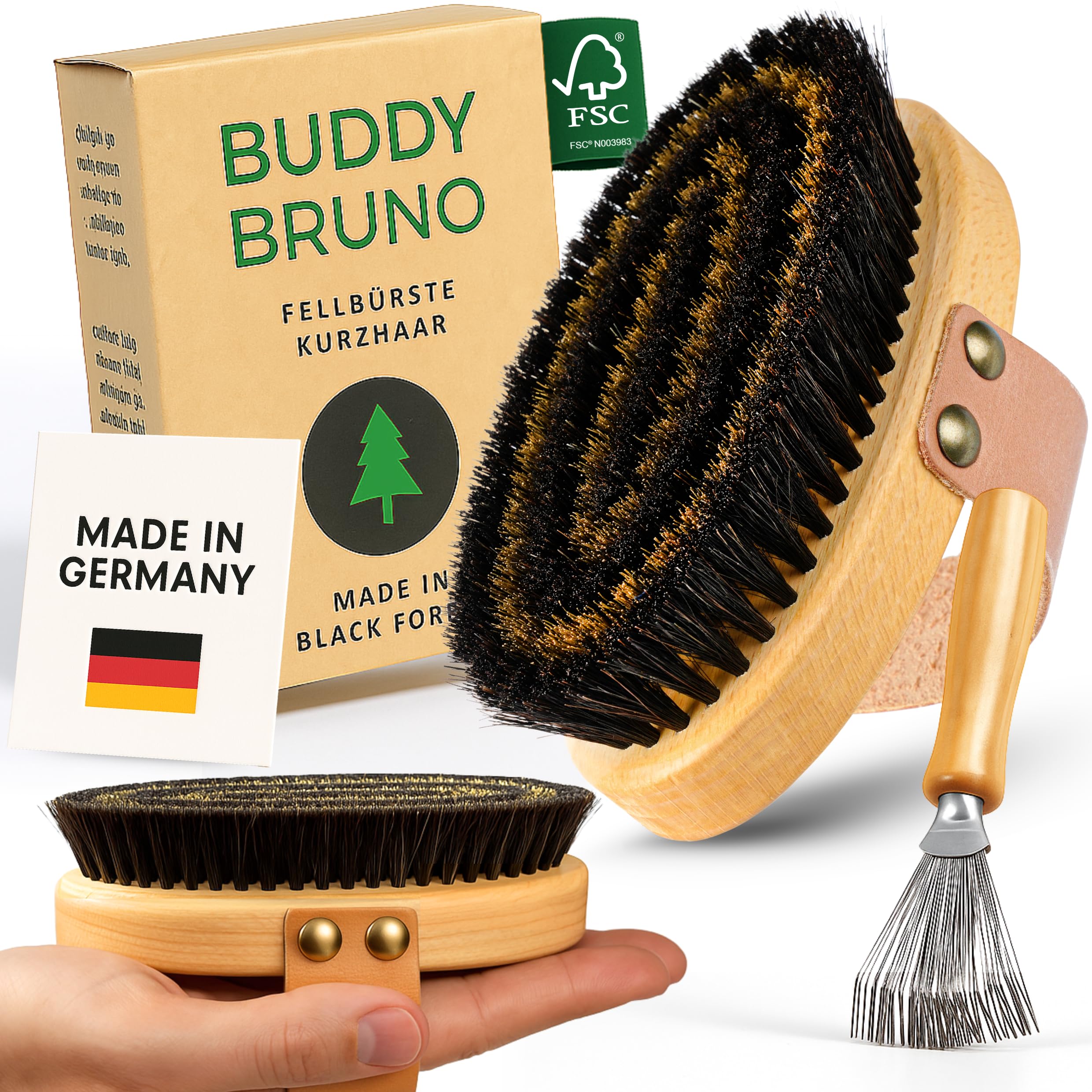 BUDDY BRUNO® Hundebürste Kurzhaar mit Naturborsten – Premium Fellpflege für Hunde & Katzen