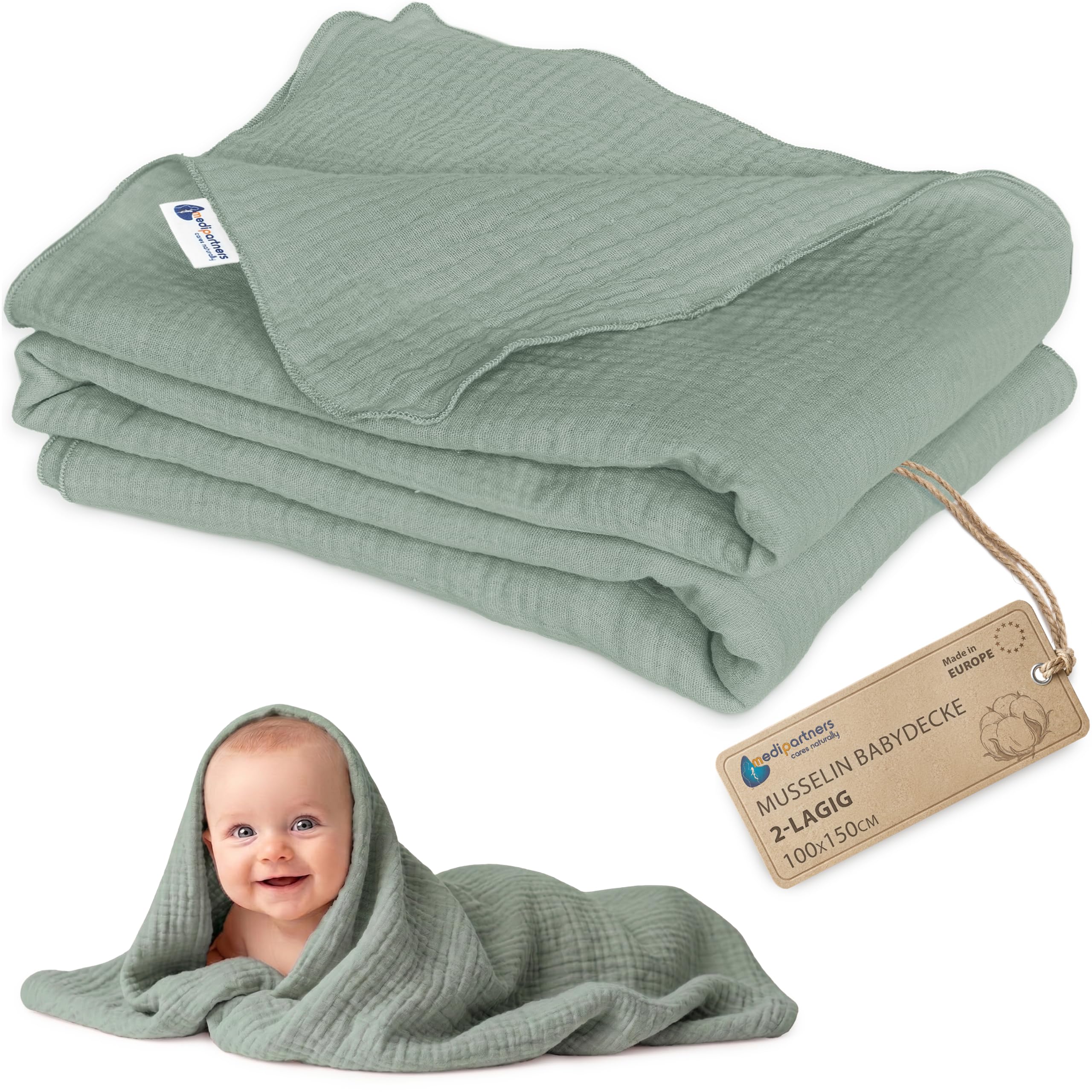 Medi Partners Musselindecke 100x150 cm – Atmungsaktive Babydecke aus Bio-Baumwolle