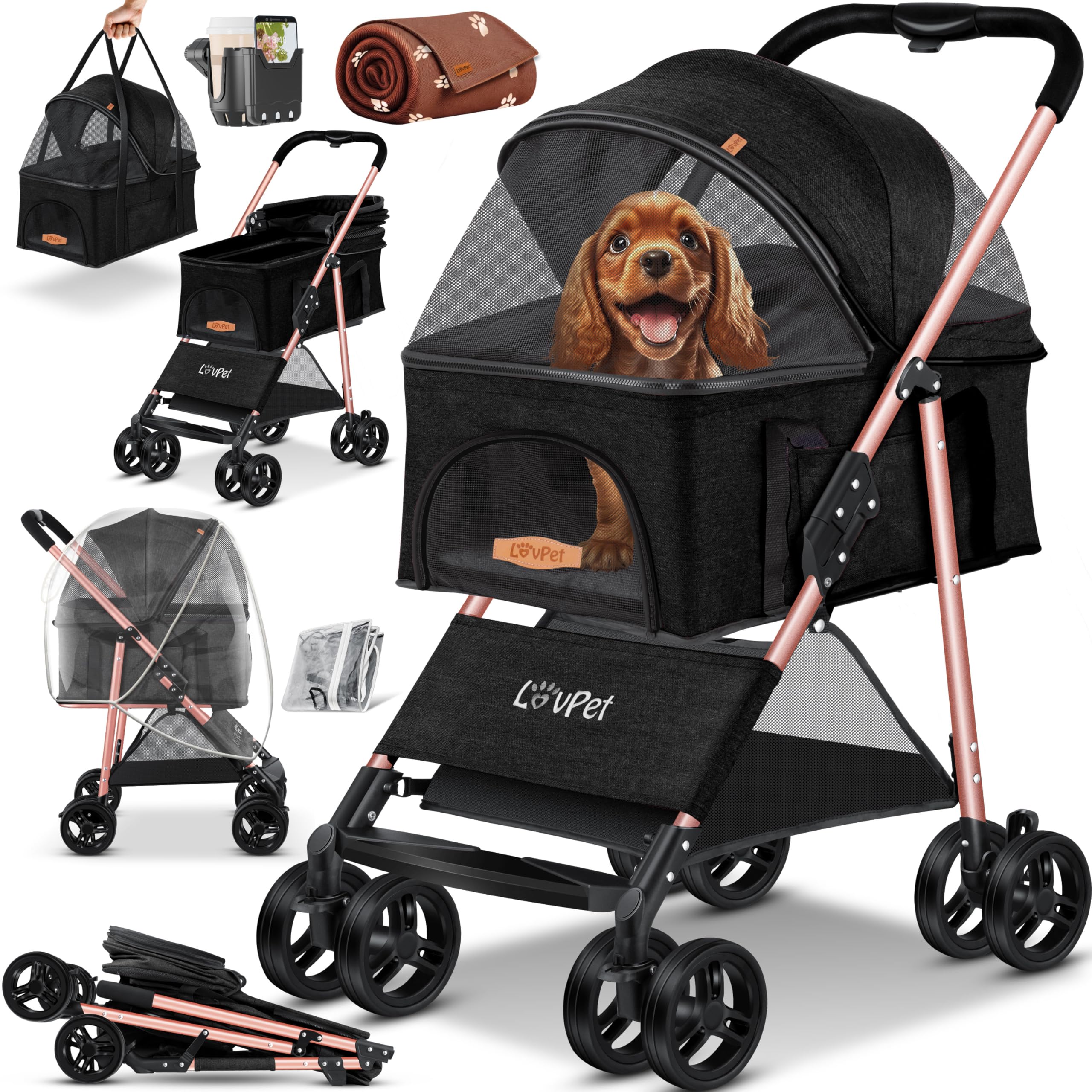 LOVPET Hundewagen 2in1 – Faltbarer Hundebuggy bis 20 kg mit 360°-Rädern & Zubehör