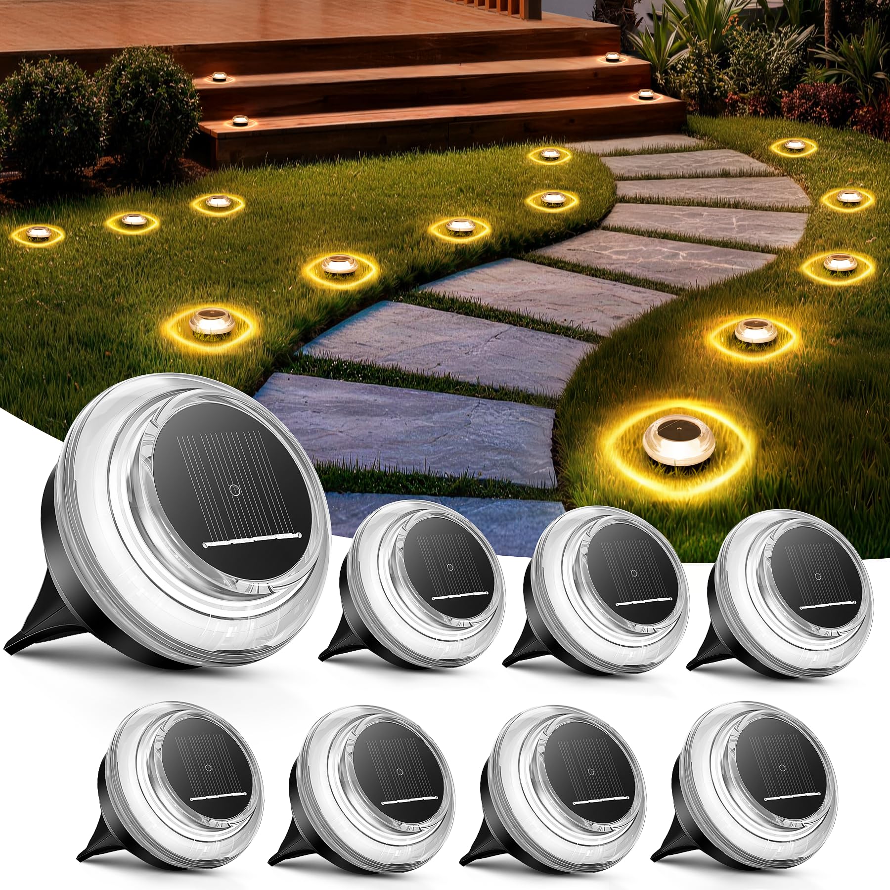 Uwithm 8er Set Solar Bodenleuchten Aussen – IP68 Solarlampen mit 4 LEDs für Garten & Terrasse