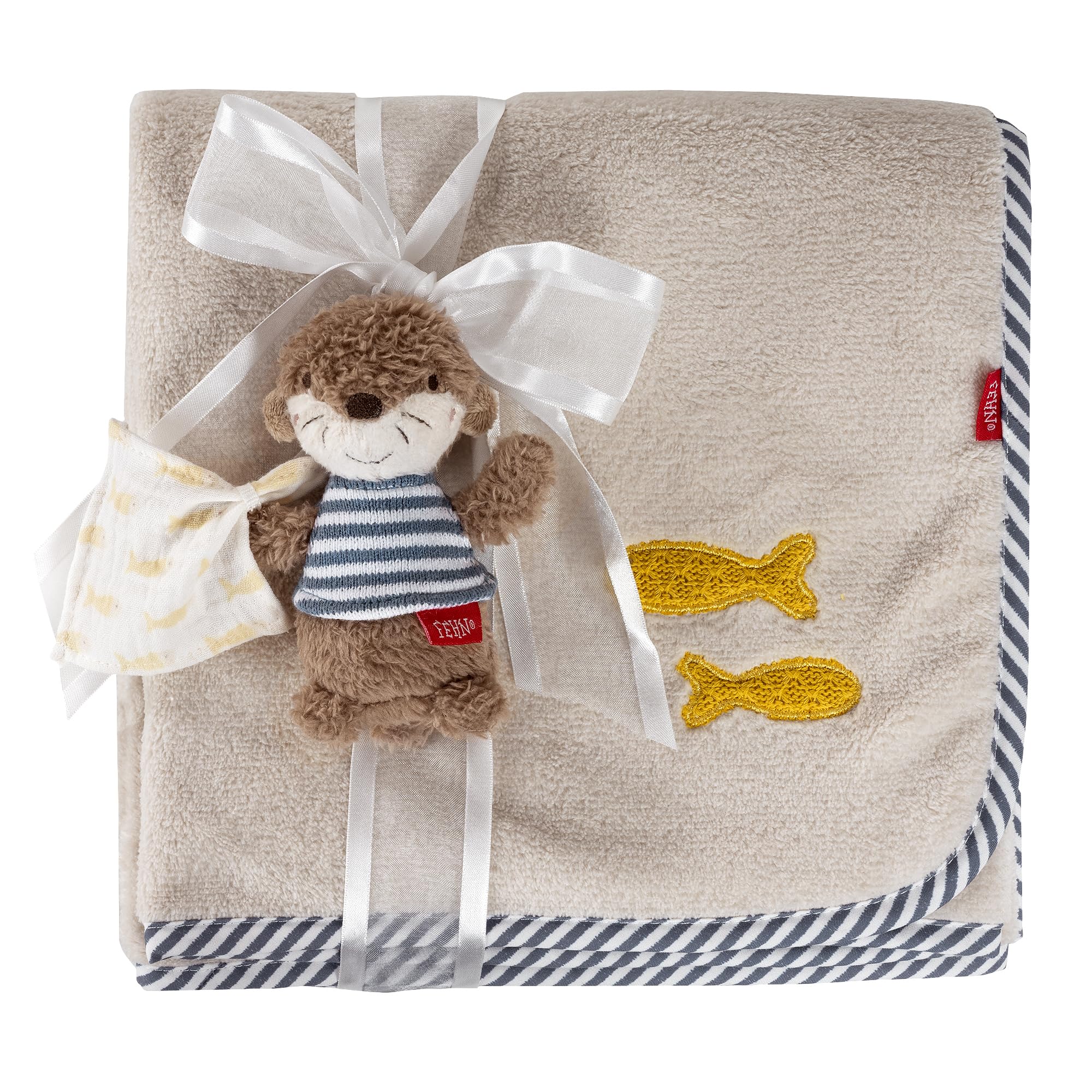 Fehn Kuscheldecke Otter Theo 100x75 cm – Multifunktionale Babydecke mit Greifling