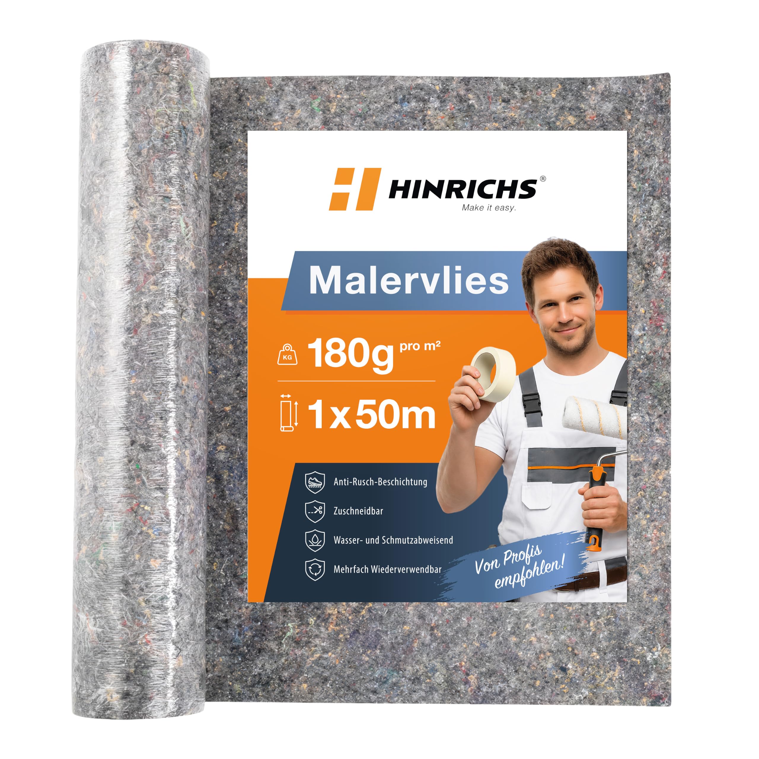 Hinrichs Malervlies 50m x 1m – 180g/m² Abdeckvlies mit Rutschhemmung