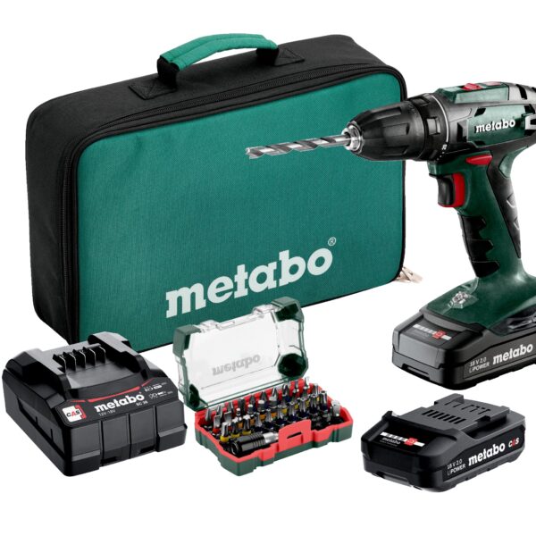 metabo BS 18 Akku-Bohrschrauber 18V Set – Kompakt-Akkubohrer mit 2 Akkus & 32er Bit-Box