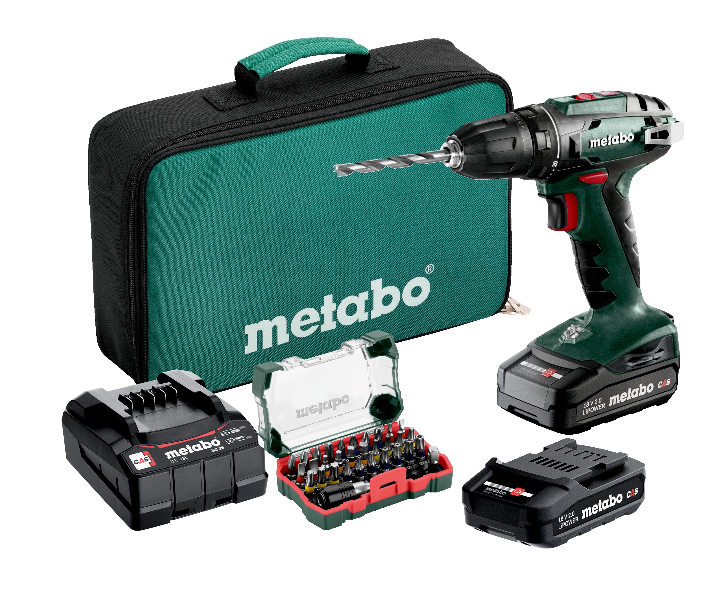 metabo BS 18 Akku-Bohrschrauber 18V Set – Kompakt-Akkubohrer mit 2 Akkus & 32er Bit-Box