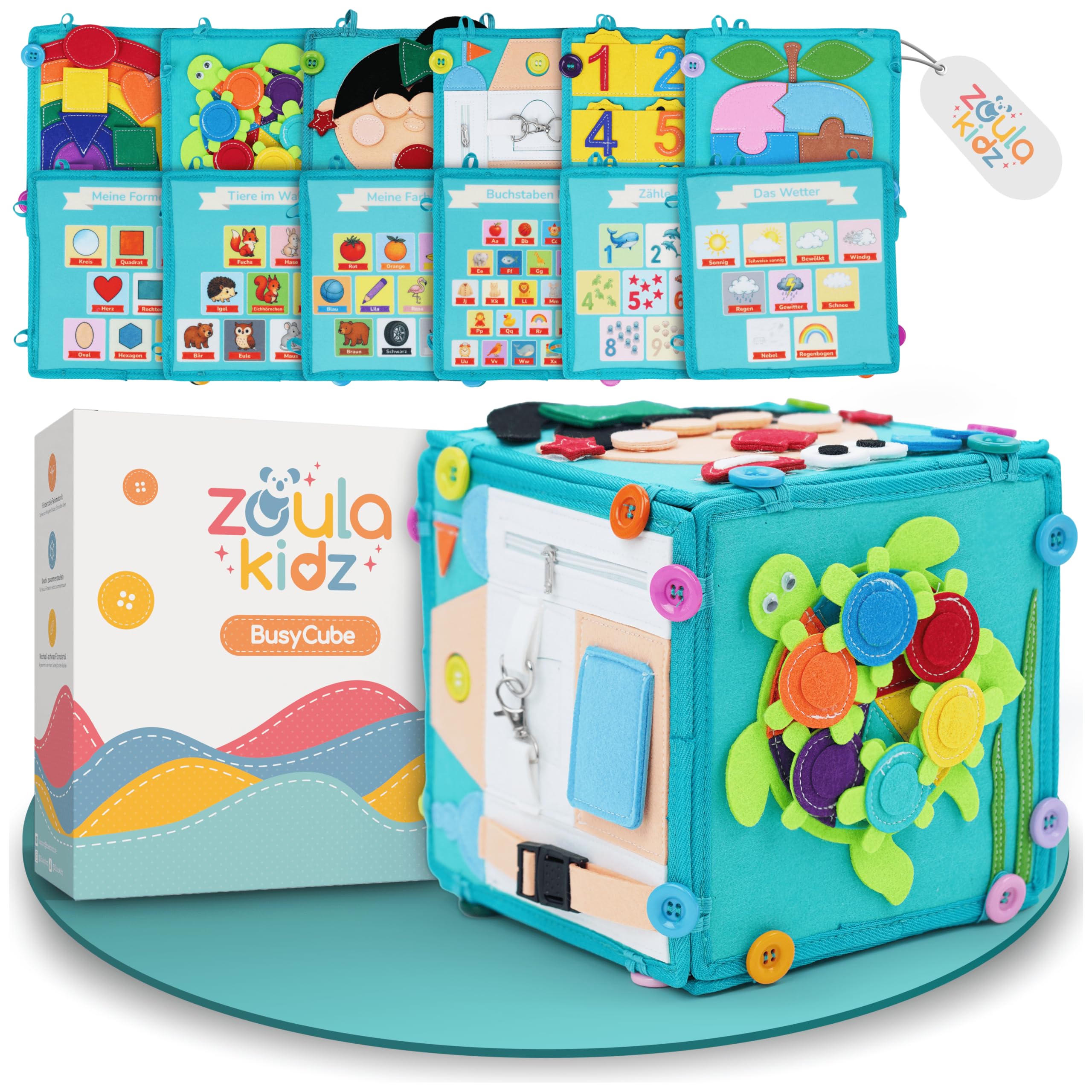 zoula kidz Motorikwürfel 2-in-1 Busy Board – Montessori Lernspielzeug ab 3 Jahren