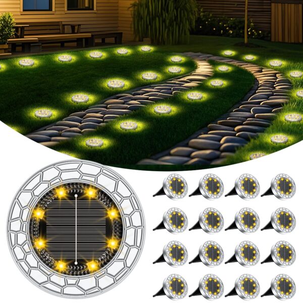 FIFlying 16er Set Solar Bodenleuchten mit 8 LEDs – Warmweiss Gartenbeleuchtung für Terrasse & Rasen