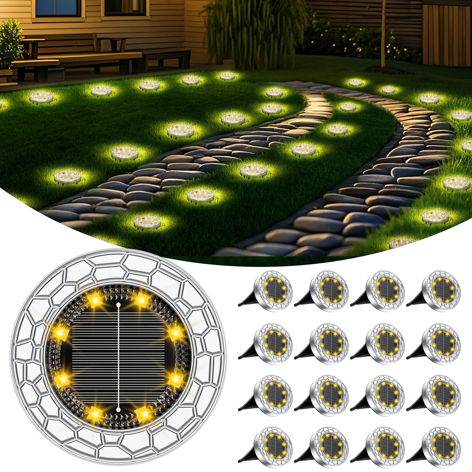FIFlying 16er Set Solar Bodenleuchten mit 8 LEDs – Warmweiss Gartenbeleuchtung für Terrasse & Rasen