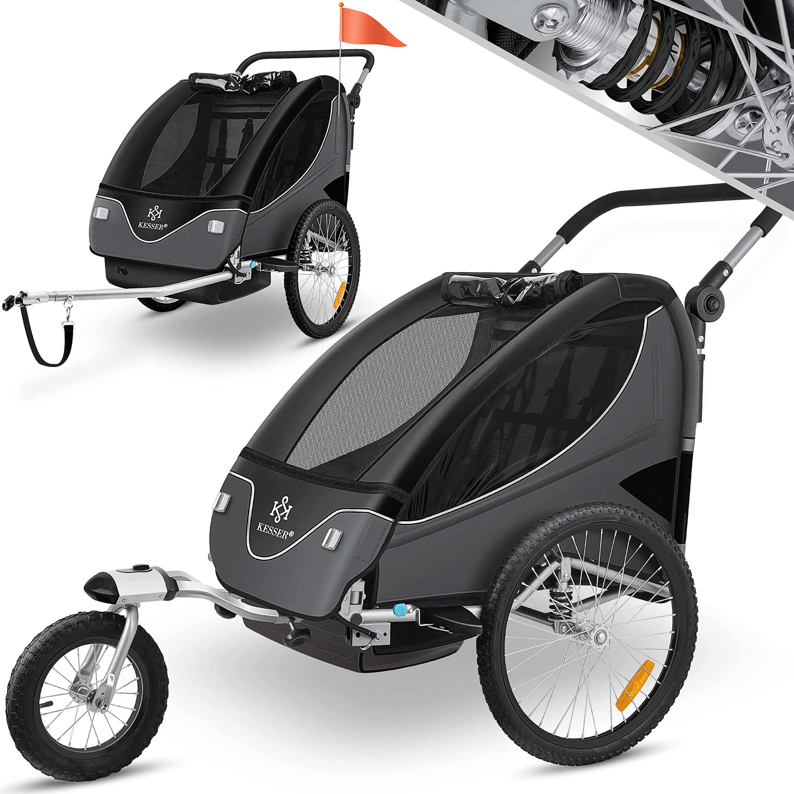 KESSER® 2in1 Kinderfahrradanhänger mit Federung & Joggerfunktion – für 1-2 Kinder bis 40kg