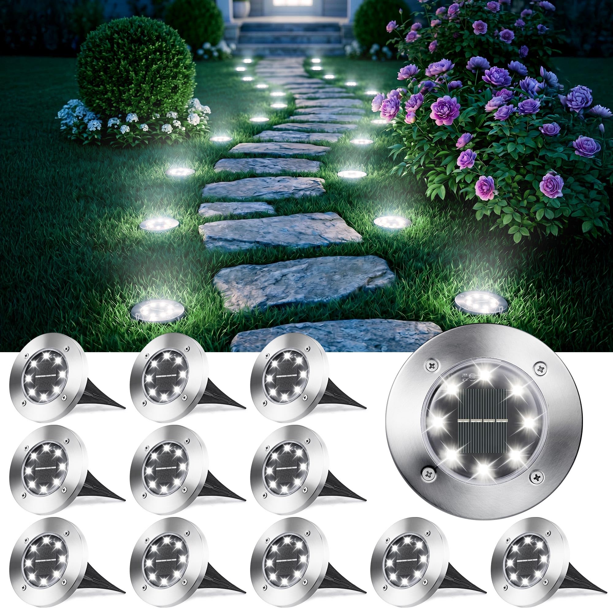 Joomer Solar Bodenleuchten 12er Set mit 8 LEDs – IP65 Gartenleuchten für Aussen