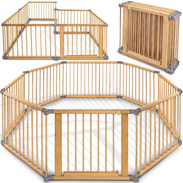 KIDUKU® XXL Laufgitter 7,2 m mit Tür & Doppelsicherung – Klappbarer Laufstall aus Kiefernholz für Kinder