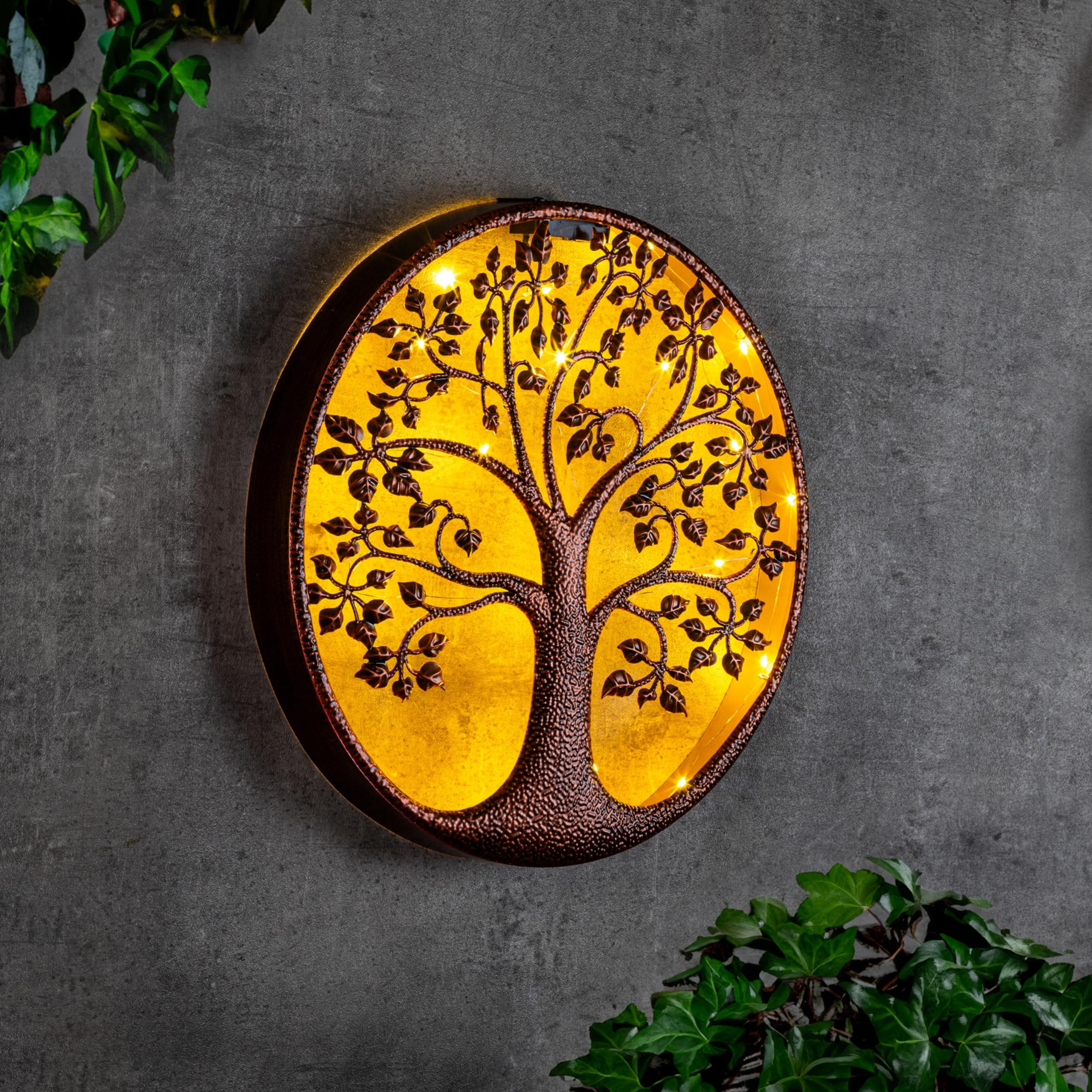 Schauer LED Solar Wanddeko Lebensbaum 40 cm – Metallkunst mit warmweisser Beleuchtung