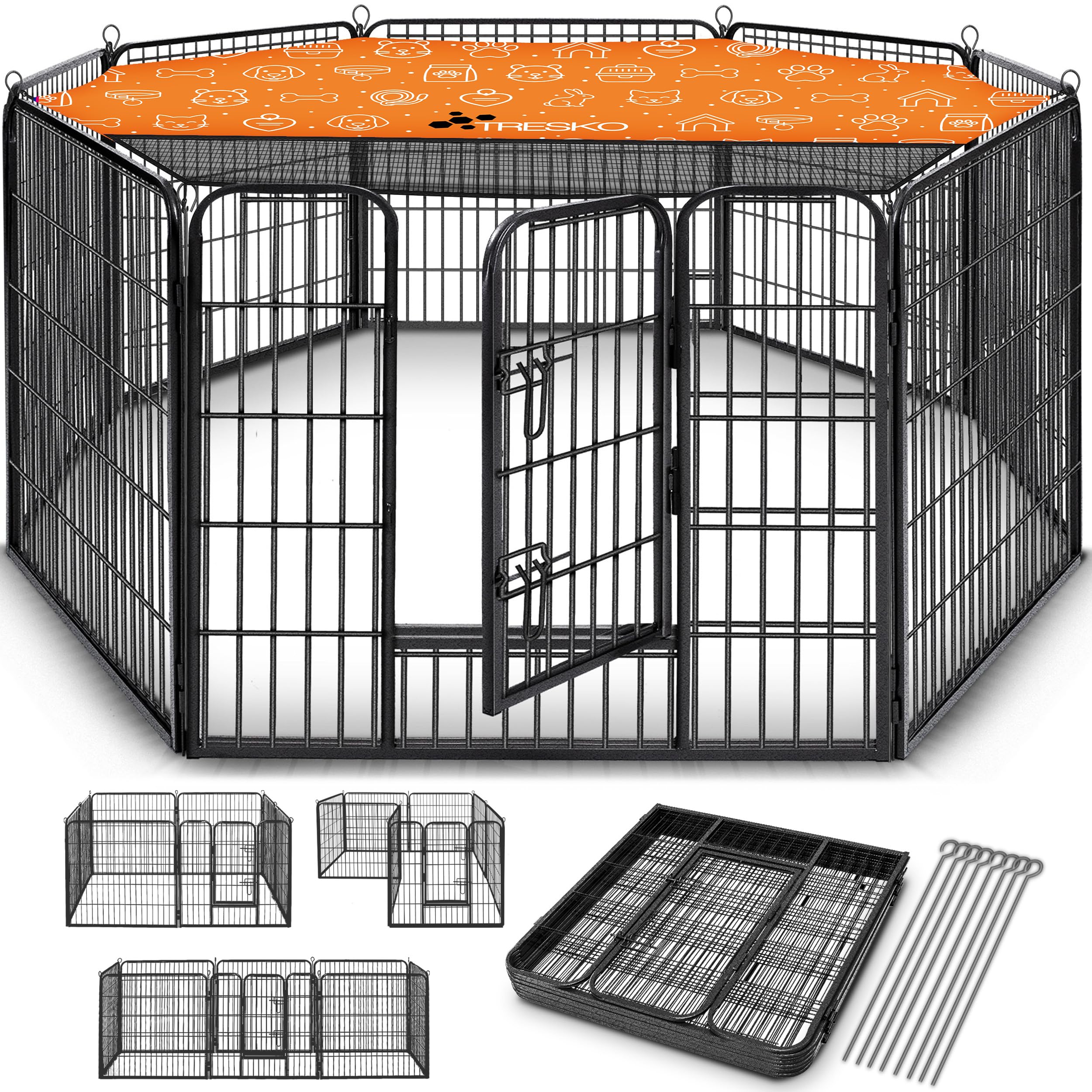 TRESKO® Welpenlaufstall 80 cm – 8-teilig faltbar mit Tür & Erdankern für Hunde & Kleintiere