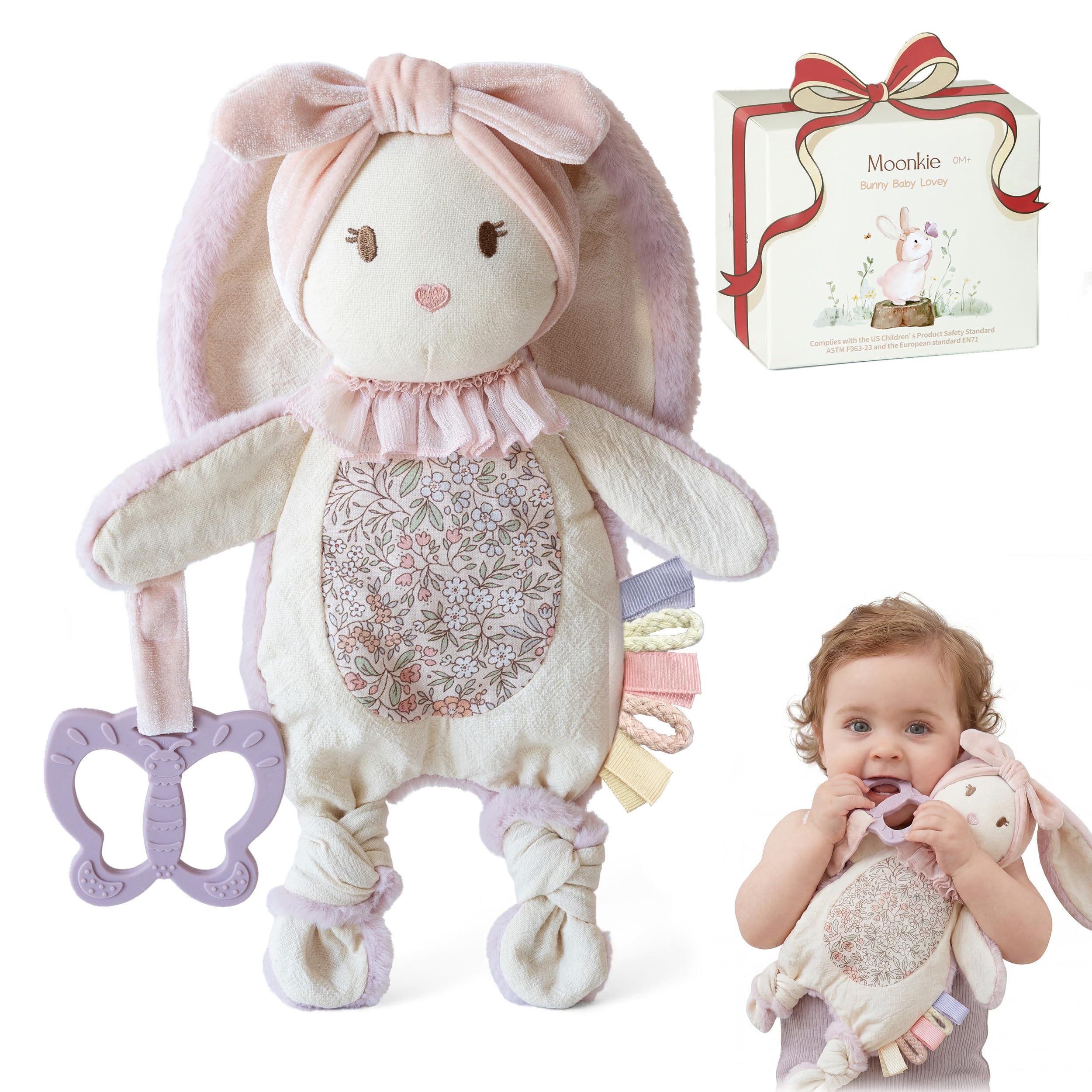 Moonkie Hase Schnuffeltuch mit Silikon Beissring – 3-in-1 Babyspielzeug ab 0+ Monaten