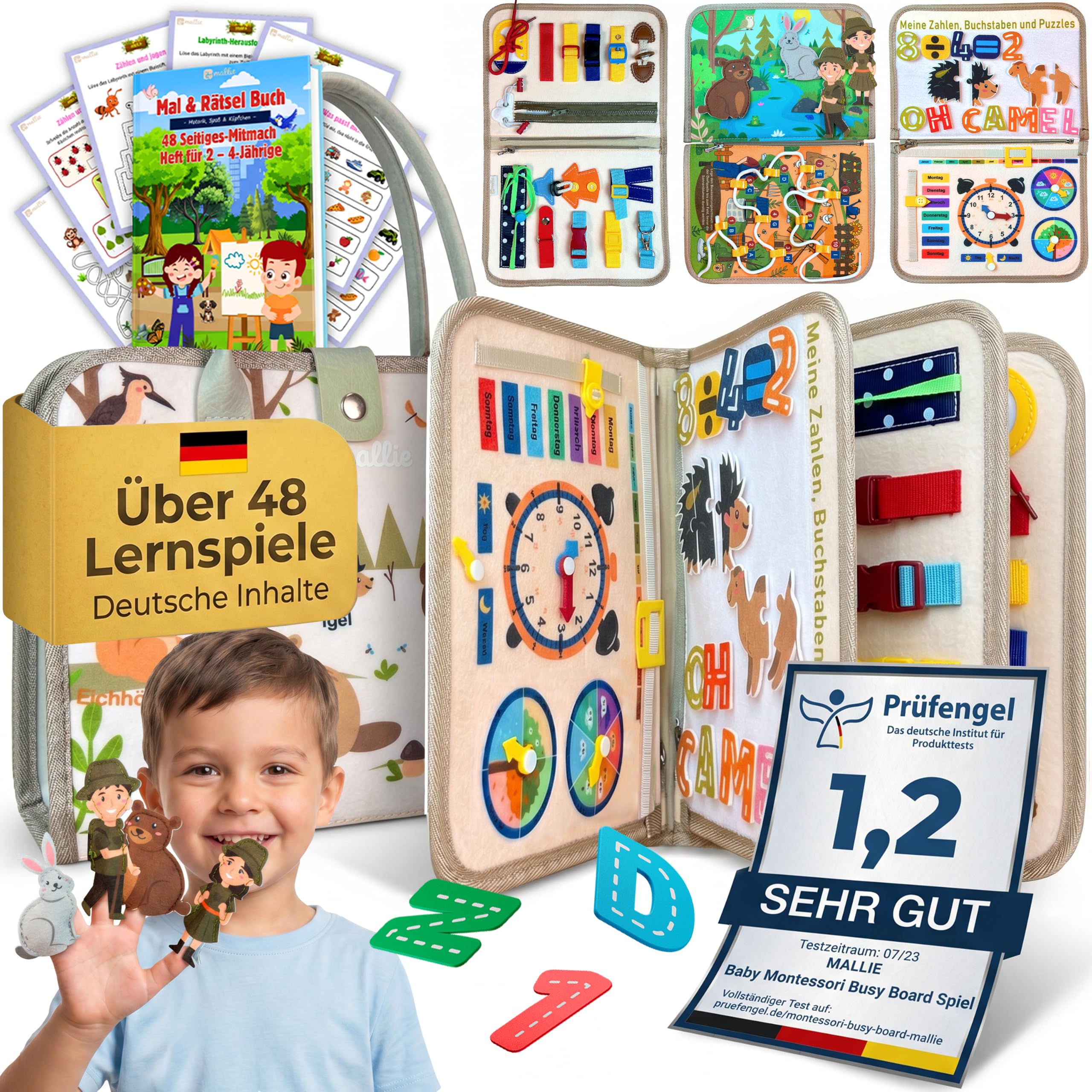 Mallie® Montessori Busy Board ab 1 Jahr – Motorikspielzeug mit Mal- & Rätselheft