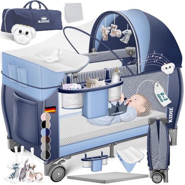 Kidiz Reisebett 120x60 cm mit Wickelauflage, Moskitonetz & Räder – Babybett für Geburt bis 15 kg