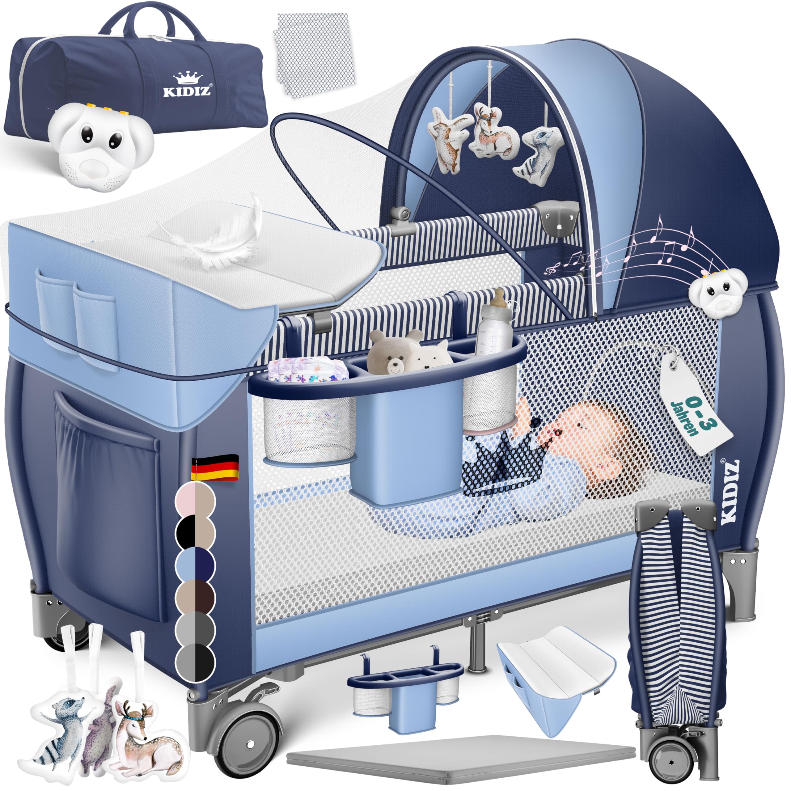 Kidiz Reisebett 120x60 cm mit Wickelauflage, Moskitonetz & Räder – Babybett für Geburt bis 15 kg