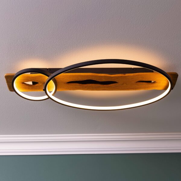 Lightbox LED Deckenlampe mit Holzbalken & LED-Ringen – Dimmbar für Wohnzimmer