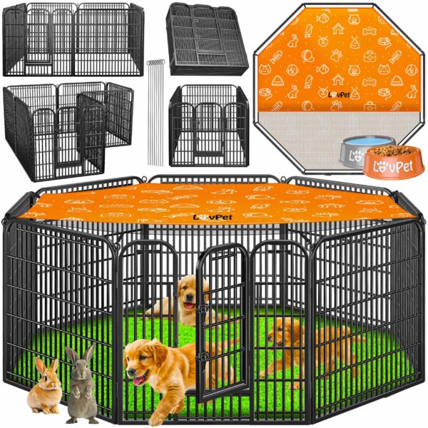 Lovpet Welpenlaufstall XXL 8 Gitter 80x80 cm – Freilaufgehege mit Dach & Erdankern