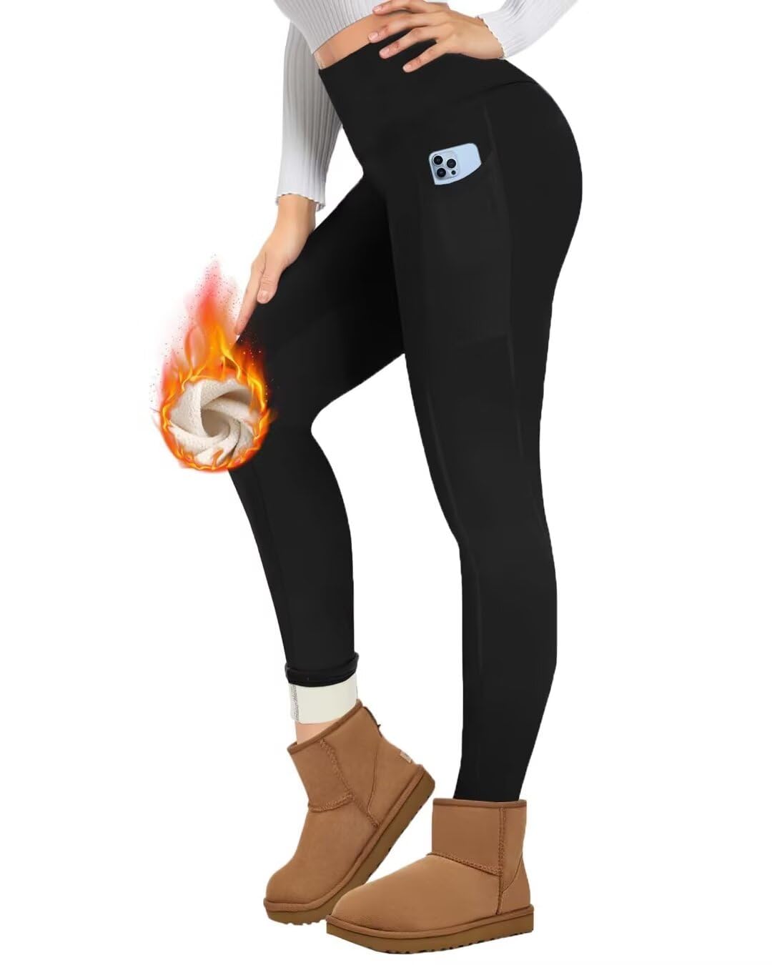 TNNZEET Thermo Leggings Damen mit Taschen – Fleece gefüttert, High Waist für Winter