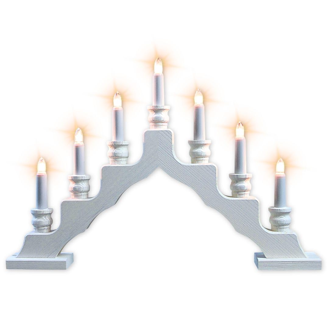 51JWLkXLqIL._SY1080_.jpg weigla Schwedenleuchter Weiss – Erzgebirge Schwibbogen mit 7 LED-Kerzen & Ersatzlampe – Bild 1