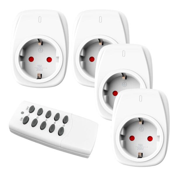 HBN 4er Funksteckdosen-Set mit Fernbedienung – 16A/3.680W Reichweite 30m