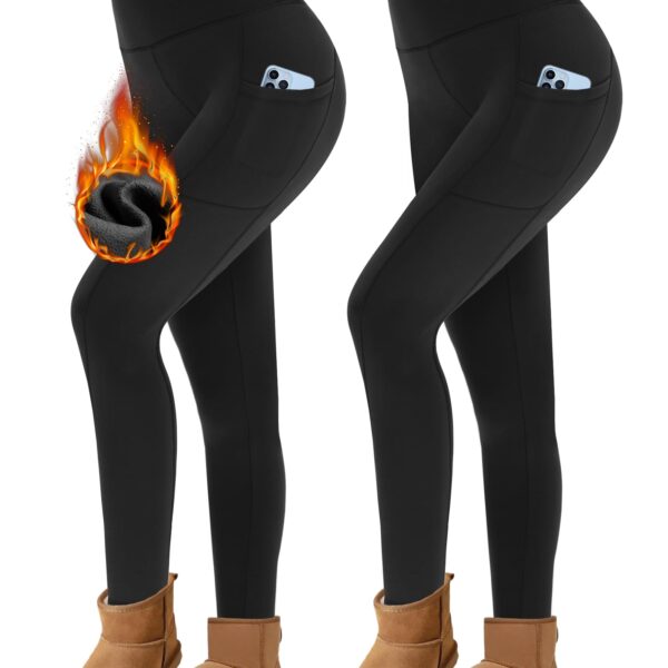Missluck 2er Pack Thermoleggings Damen mit Seitentaschen – Fleece gefüttert für Winter