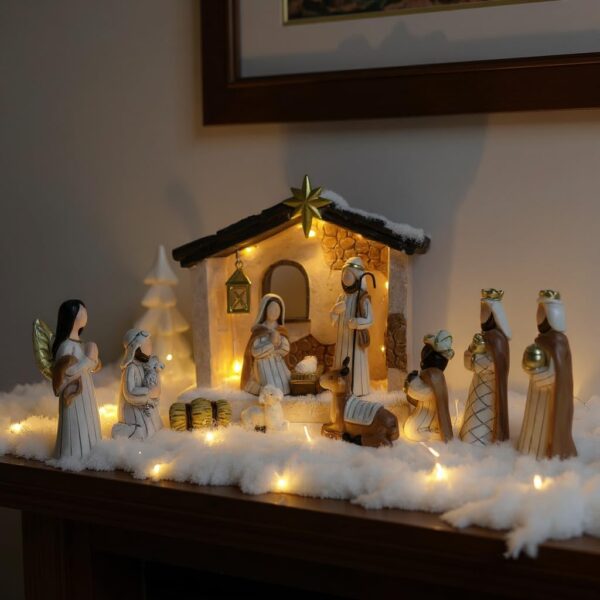 14-teiliges Krippenfiguren Set handbemalte Weihnachtskrippe mit LED-Beleuchtung